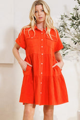 ODDI Full Size Button Front Tiered Shirt Dress